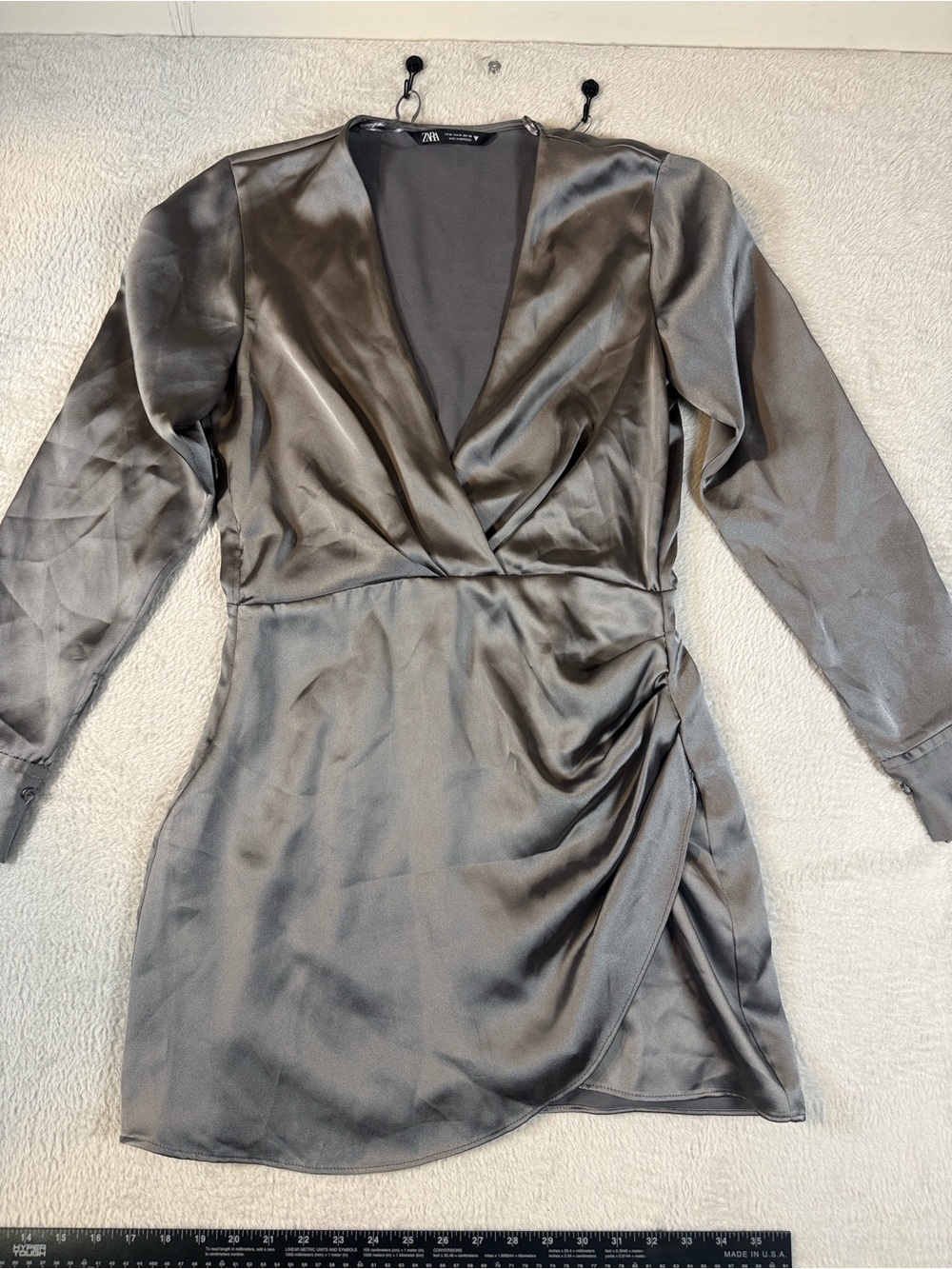 Zara Satin Long-Sleeve Wrap Dress in Gray
